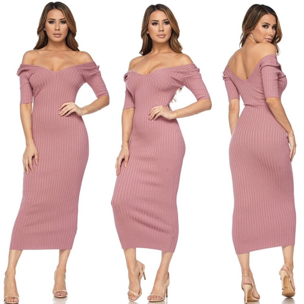 🎀 LAST ONE 🎀 Mauve Ribbed Sexy Midi Fall Bodycon Dress (B)